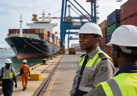 Create an editorial news illustration for an article about 'Détroit d’Ormuz : le point de bascule qui recompose la carte portuaire africaine'. The specific country is Republique du Congo (Brazzaville) (CG); make visual cues accurate to this exact cou