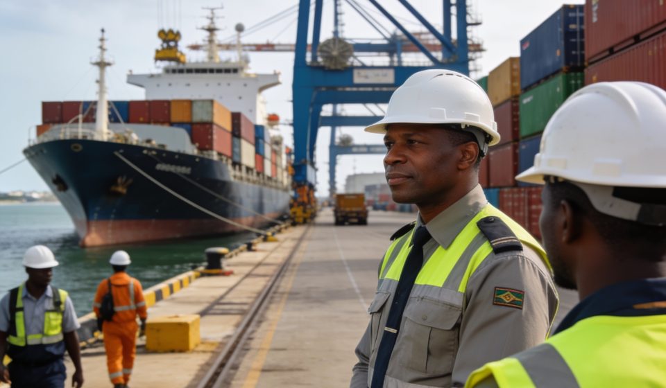 Create an editorial news illustration for an article about 'Détroit d’Ormuz : le point de bascule qui recompose la carte portuaire africaine'. The specific country is Republique du Congo (Brazzaville) (CG); make visual cues accurate to this exact cou