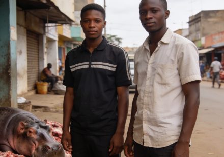 Create an editorial news illustration for an article about "Deux braconniers présumés arrêtés avec de la viande d'hippopotame à Brazzaville". The specific country is Republique du Congo (Brazzaville) (CG); make visual cues accurate to this exact coun