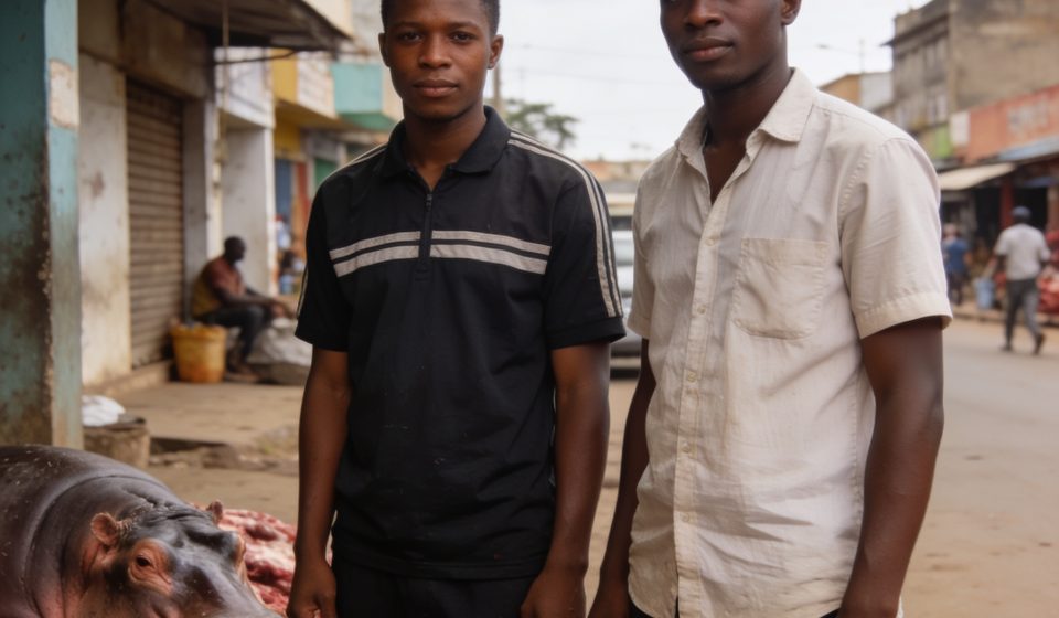 Create an editorial news illustration for an article about "Deux braconniers présumés arrêtés avec de la viande d'hippopotame à Brazzaville". The specific country is Republique du Congo (Brazzaville) (CG); make visual cues accurate to this exact coun