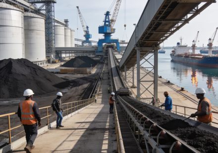 Create an editorial news illustration for an article about 'Extension du Môle Est : Congo Terminal innove face aux sables bitumineux'. The specific country is Republique du Congo (Brazzaville) (CG); make visual cues accurate to this exact country and
