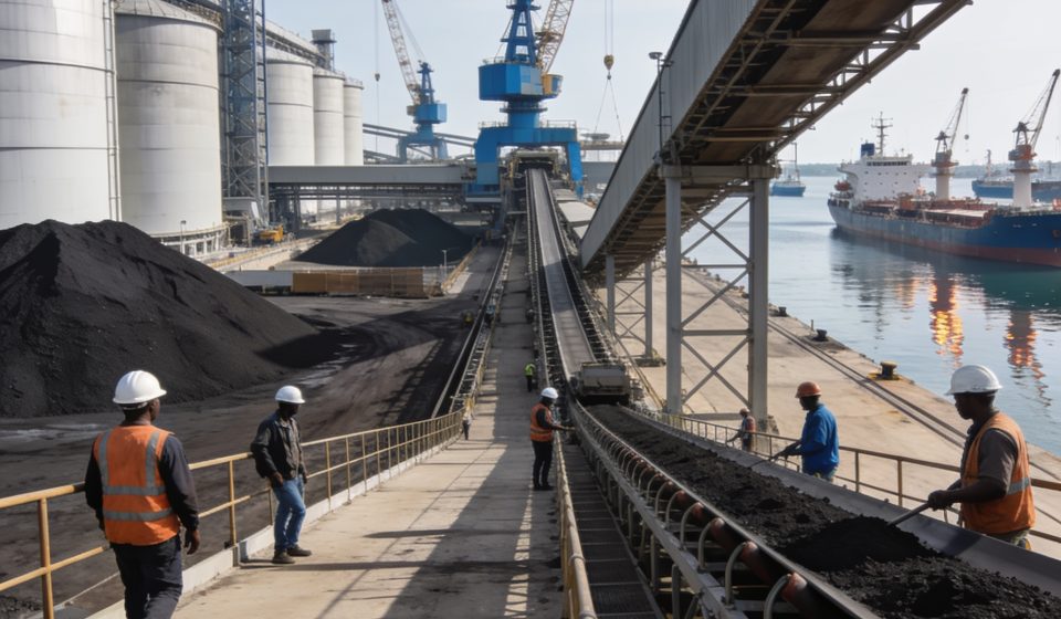 Create an editorial news illustration for an article about 'Extension du Môle Est : Congo Terminal innove face aux sables bitumineux'. The specific country is Republique du Congo (Brazzaville) (CG); make visual cues accurate to this exact country and