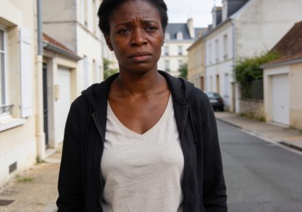 Create an editorial news illustration for an article about 'Féminicide à Blois : une Congolaise de 40 ans poignardée par son mari'. The specific country is Republique du Congo (Brazzaville) (CG); make visual cues accurate to this exact country and av