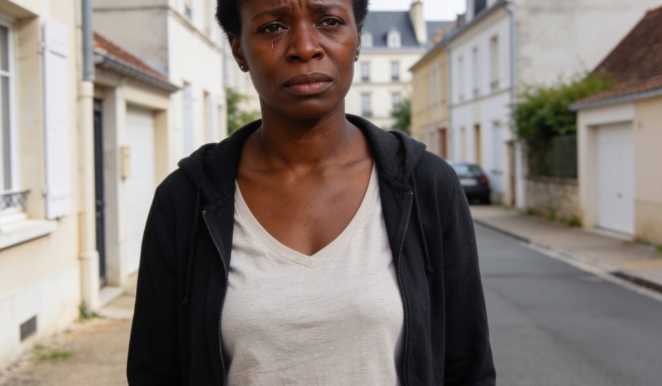 Create an editorial news illustration for an article about 'Féminicide à Blois : une Congolaise de 40 ans poignardée par son mari'. The specific country is Republique du Congo (Brazzaville) (CG); make visual cues accurate to this exact country and av