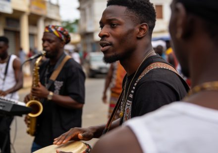 Create an editorial news illustration for an article about 'Festival Pointe-Noire en scène : la 11e édition met le cap sur les industries culturelles'. The specific country is Republique du Congo (Brazzaville) (CG); make visual cues accurate to this