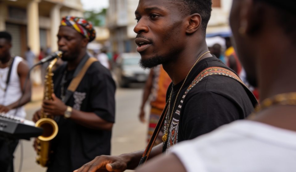 Create an editorial news illustration for an article about 'Festival Pointe-Noire en scène : la 11e édition met le cap sur les industries culturelles'. The specific country is Republique du Congo (Brazzaville) (CG); make visual cues accurate to this