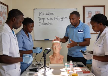 Create an editorial news illustration for an article about 'Formation de pointe à Brazzaville : l’OMS outille les soignants contre les maladies tropicales négligées cutanées'. The specific country is Republique du Congo (Brazzaville) (CG); make visua