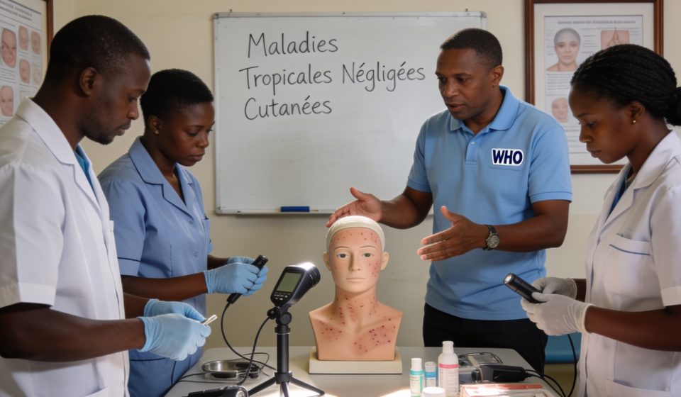 Create an editorial news illustration for an article about 'Formation de pointe à Brazzaville : l’OMS outille les soignants contre les maladies tropicales négligées cutanées'. The specific country is Republique du Congo (Brazzaville) (CG); make visua