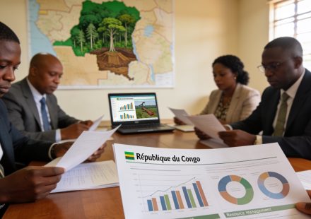 Create an editorial news illustration for an article about 'Gouvernance au Congo : L’ONG PCQVP exige plus de transparence dans la gestion des ressources naturelles'. The specific country is Republique du Congo (Brazzaville) (CG); make visual cues acc