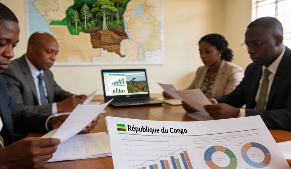 Create an editorial news illustration for an article about 'Gouvernance au Congo : L’ONG PCQVP exige plus de transparence dans la gestion des ressources naturelles'. The specific country is Republique du Congo (Brazzaville) (CG); make visual cues acc