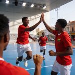 Create an editorial news illustration for an article about 'Handball : les Diables Rouges U18 et U20 qualifiés pour les CAN de leurs catégories'. The specific country is Republique du Congo (Brazzaville) (CG); make visual cues accurate to this exact