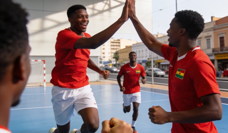 Create an editorial news illustration for an article about 'Handball : les Diables Rouges U18 et U20 qualifiés pour les CAN de leurs catégories'. The specific country is Republique du Congo (Brazzaville) (CG); make visual cues accurate to this exact