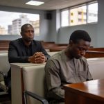 Create an editorial news illustration for an article about "Justice : deux trafiquants de viande d'hippopotame écroués à Brazzaville". The specific country is Republique du Congo (Brazzaville) (CG); make visual cues accurate to this exact country and