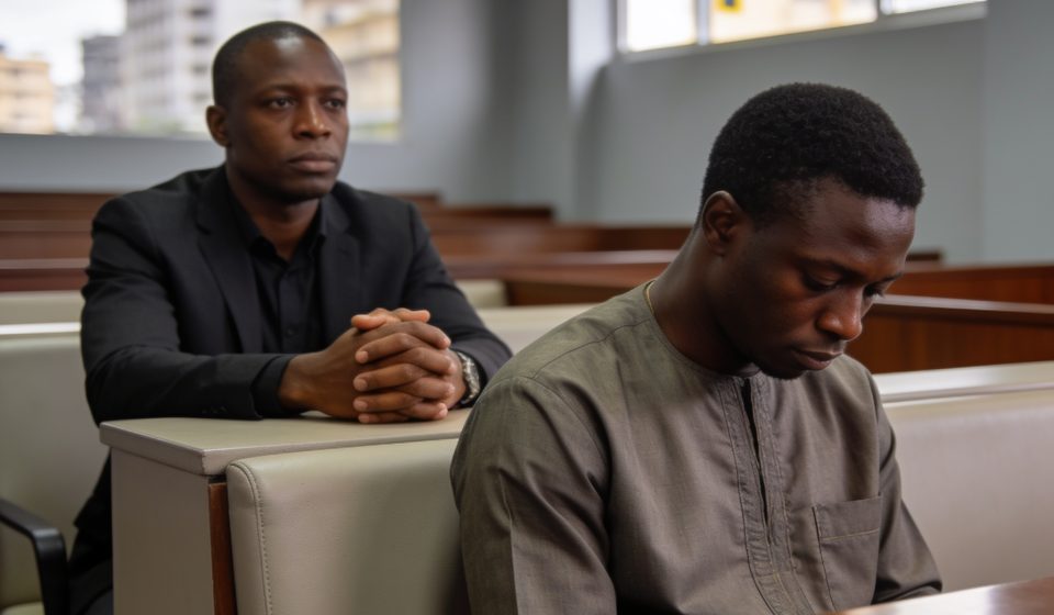 Create an editorial news illustration for an article about "Justice : deux trafiquants de viande d'hippopotame écroués à Brazzaville". The specific country is Republique du Congo (Brazzaville) (CG); make visual cues accurate to this exact country and