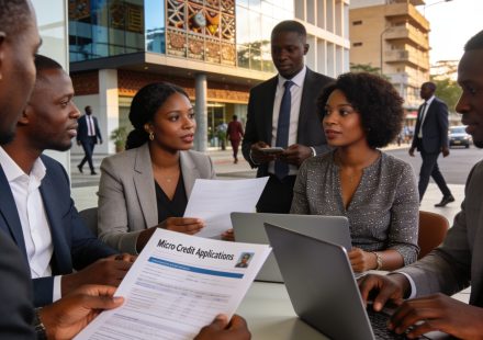 Create an editorial news illustration for an article about 'Lancement du Micro-crédit Bokisa Boko : un élan solidaire pour les entrepreneurs de Boko'. The specific country is Republique du Congo (Brazzaville) (CG); make visual cues accurate to this e