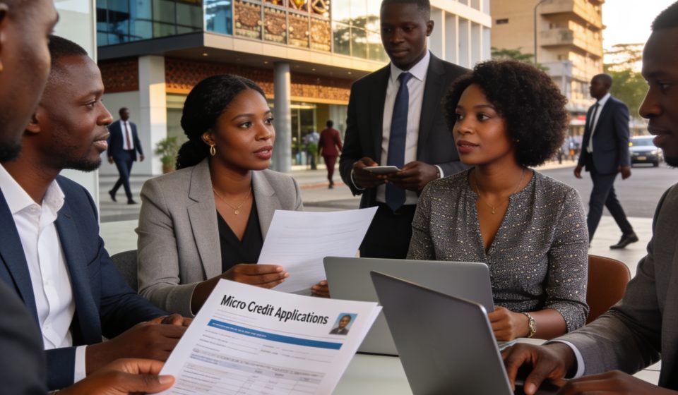 Create an editorial news illustration for an article about 'Lancement du Micro-crédit Bokisa Boko : un élan solidaire pour les entrepreneurs de Boko'. The specific country is Republique du Congo (Brazzaville) (CG); make visual cues accurate to this e