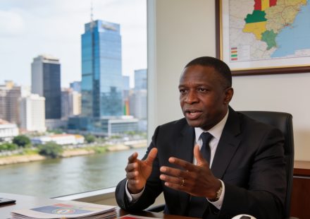Create an editorial news illustration for an article about 'Les cinq défis du sport congolais exposés par le ministre Hugues Ngouelondélé'. The specific country is Republique du Congo (Brazzaville) (CG); make visual cues accurate to this exact countr