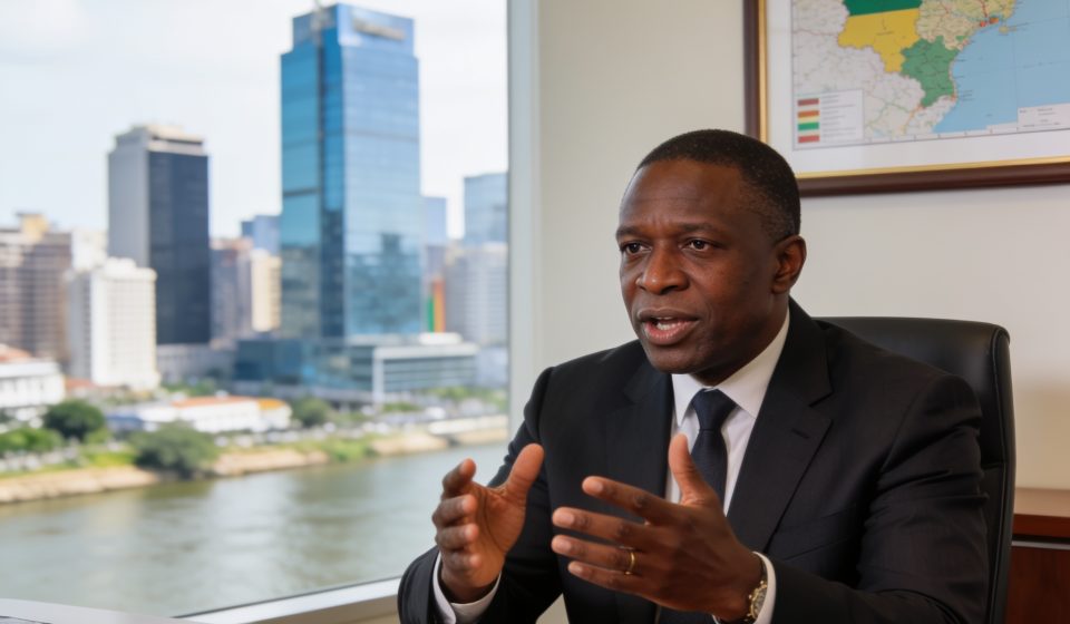 Create an editorial news illustration for an article about 'Les cinq défis du sport congolais exposés par le ministre Hugues Ngouelondélé'. The specific country is Republique du Congo (Brazzaville) (CG); make visual cues accurate to this exact countr