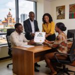 Create an editorial news illustration for an article about 'Les Mucodec obtiennent la certification ISO 9001 : une première dans la microfinance congolaise'. The specific country is Republique du Congo (Brazzaville) (CG); make visual cues accurate to