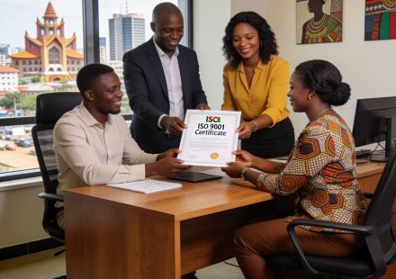 Create an editorial news illustration for an article about 'Les Mucodec obtiennent la certification ISO 9001 : une première dans la microfinance congolaise'. The specific country is Republique du Congo (Brazzaville) (CG); make visual cues accurate to