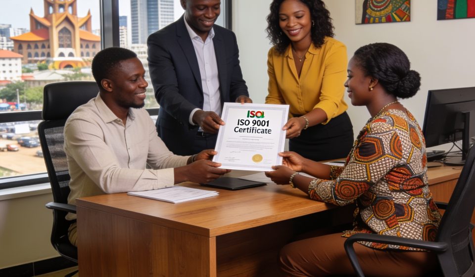 Create an editorial news illustration for an article about 'Les Mucodec obtiennent la certification ISO 9001 : une première dans la microfinance congolaise'. The specific country is Republique du Congo (Brazzaville) (CG); make visual cues accurate to