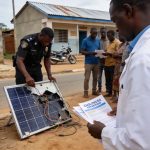 Create an editorial news illustration for an article about 'Likouala : vols de panneaux solaires et choléra, le préfet Jean Pascal Koumba hausse le ton'. The specific country is Republique du Congo (Brazzaville) (CG); make visual cues accurate to thi