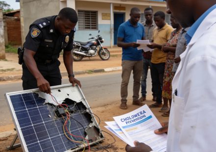 Create an editorial news illustration for an article about 'Likouala : vols de panneaux solaires et choléra, le préfet Jean Pascal Koumba hausse le ton'. The specific country is Republique du Congo (Brazzaville) (CG); make visual cues accurate to thi