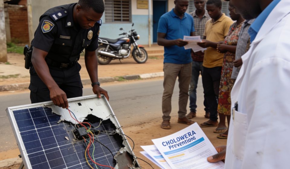 Create an editorial news illustration for an article about 'Likouala : vols de panneaux solaires et choléra, le préfet Jean Pascal Koumba hausse le ton'. The specific country is Republique du Congo (Brazzaville) (CG); make visual cues accurate to thi