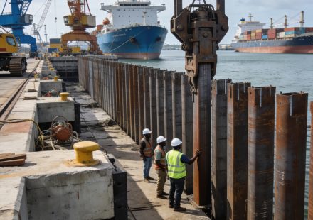 Create an editorial news illustration for an article about 'Modernisation du port de Pointe-Noire : le battage des pieux du Môle Est s’achève avec succès'. The specific country is Republique du Congo (Brazzaville) (CG); make visual cues accurate to t