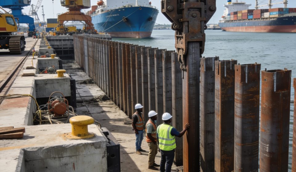 Create an editorial news illustration for an article about 'Modernisation du port de Pointe-Noire : le battage des pieux du Môle Est s’achève avec succès'. The specific country is Republique du Congo (Brazzaville) (CG); make visual cues accurate to t