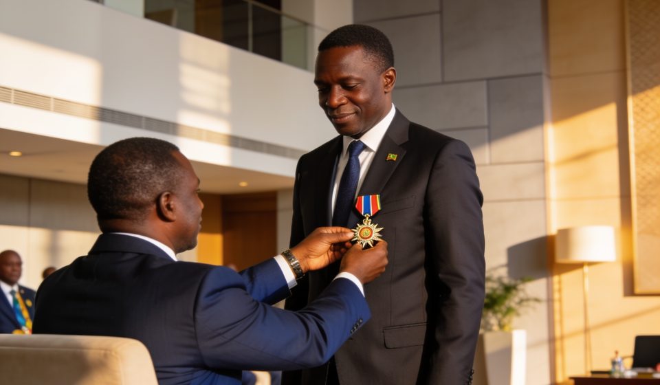 Create an editorial news illustration for an article about 'Norbert Okiokoutina fait Grand commandeur de l’ordre du mérite de la Cémac'. The specific country is Republique du Congo (Brazzaville) (CG); make visual cues accurate to this exact country a