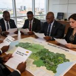 Create an editorial news illustration for an article about 'Partenariat Congo-CAFI : Adoption de la stratégie 2026-2035 pour les forêts'. The specific country is Republique du Congo (Brazzaville) (CG); make visual cues accurate to this exact country