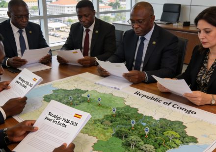 Create an editorial news illustration for an article about 'Partenariat Congo-CAFI : Adoption de la stratégie 2026-2035 pour les forêts'. The specific country is Republique du Congo (Brazzaville) (CG); make visual cues accurate to this exact country