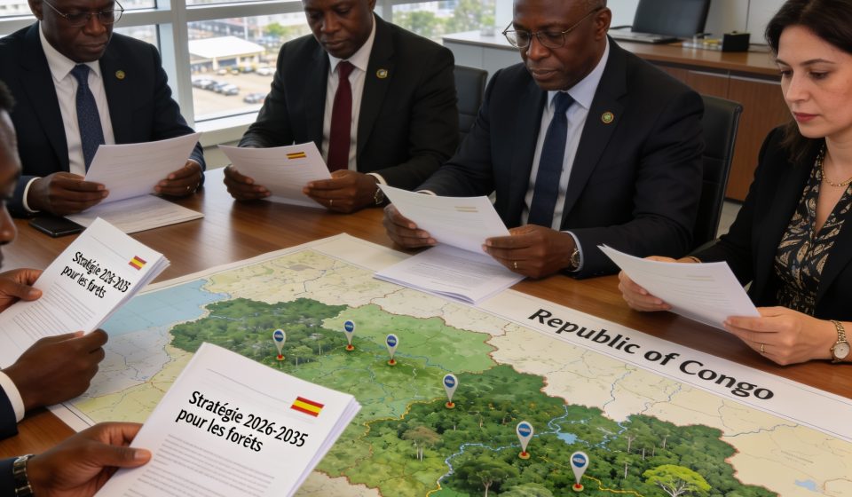Create an editorial news illustration for an article about 'Partenariat Congo-CAFI : Adoption de la stratégie 2026-2035 pour les forêts'. The specific country is Republique du Congo (Brazzaville) (CG); make visual cues accurate to this exact country