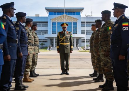 Create an editorial news illustration for an article about 'Pointe-Noire : intronisation du nouveau commandant de la Zone militaire de défense no 1'. The specific country is Republique du Congo (Brazzaville) (CG); make visual cues accurate to this ex