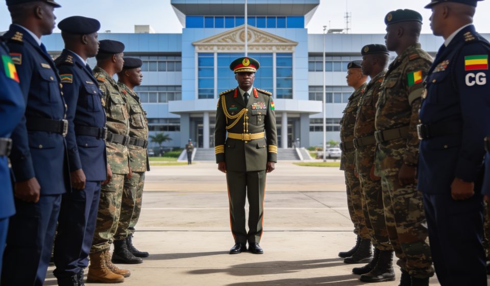 Create an editorial news illustration for an article about 'Pointe-Noire : intronisation du nouveau commandant de la Zone militaire de défense no 1'. The specific country is Republique du Congo (Brazzaville) (CG); make visual cues accurate to this ex