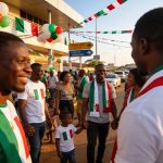 Create an editorial news illustration for an article about 'Pointe-Noire : la communauté italienne fête les 80 ans de la République'. The specific country is Republique du Congo (Brazzaville) (CG); make visual cues accurate to this exact country and
