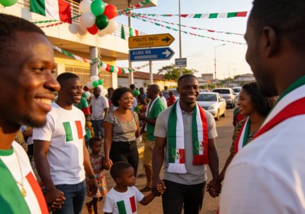 Create an editorial news illustration for an article about 'Pointe-Noire : la communauté italienne fête les 80 ans de la République'. The specific country is Republique du Congo (Brazzaville) (CG); make visual cues accurate to this exact country and