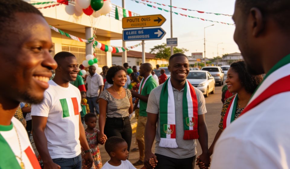 Create an editorial news illustration for an article about 'Pointe-Noire : la communauté italienne fête les 80 ans de la République'. The specific country is Republique du Congo (Brazzaville) (CG); make visual cues accurate to this exact country and