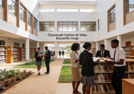 Create an editorial news illustration for an article about 'Pool : le Chaminade Institut de Voka mise sur l’excellence pour les résultats de fin d’année'. The specific country is Republique du Congo (Brazzaville) (CG); make visual cues accurate to th