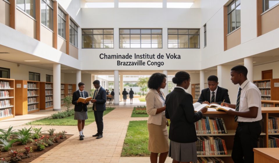 Create an editorial news illustration for an article about 'Pool : le Chaminade Institut de Voka mise sur l’excellence pour les résultats de fin d’année'. The specific country is Republique du Congo (Brazzaville) (CG); make visual cues accurate to th
