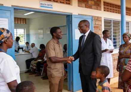 Create an editorial news illustration for an article about 'Poungou : le député Anicet Doumangoyi offre un centre de santé rénové aux populations'. The specific country is Republique du Congo (Brazzaville) (CG); make visual cues accurate to this exac