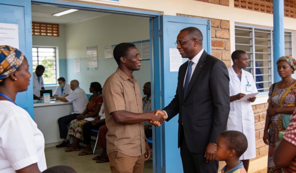 Create an editorial news illustration for an article about 'Poungou : le député Anicet Doumangoyi offre un centre de santé rénové aux populations'. The specific country is Republique du Congo (Brazzaville) (CG); make visual cues accurate to this exac