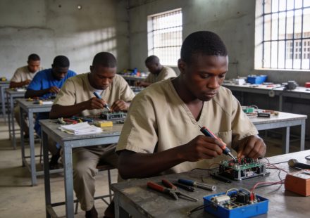 Create an editorial news illustration for an article about 'Prison de Brazzaville : les détenus veulent des examens techniques pour une réinsertion réussie'. The specific country is Republique du Congo (Brazzaville) (CG); make visual cues accurate to