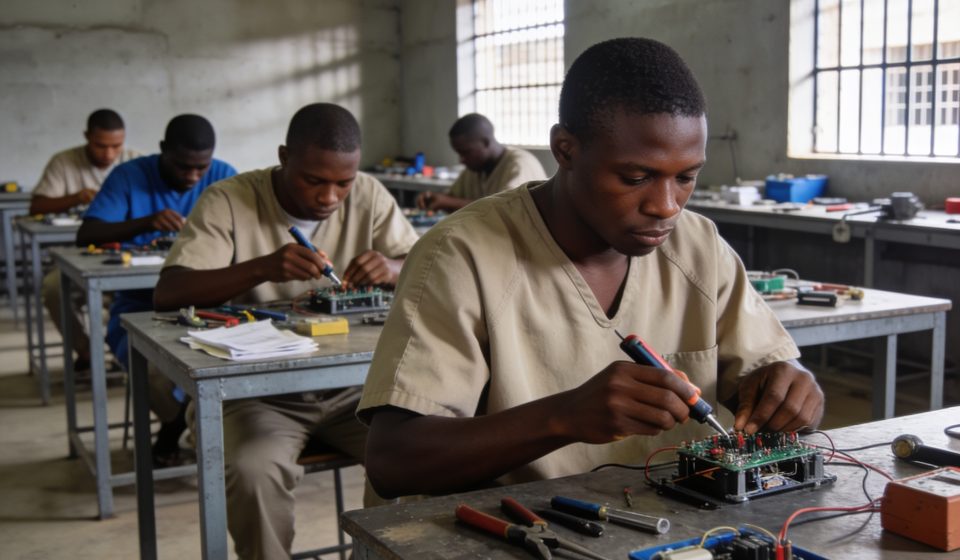 Create an editorial news illustration for an article about 'Prison de Brazzaville : les détenus veulent des examens techniques pour une réinsertion réussie'. The specific country is Republique du Congo (Brazzaville) (CG); make visual cues accurate to