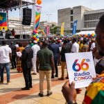 Create an editorial news illustration for an article about 'Radio Congo célèbre ses 66 ans d’existence en grande pompe à Owando'. The specific country is Republique du Congo (Brazzaville) (CG); make visual cues accurate to this exact country and avoi