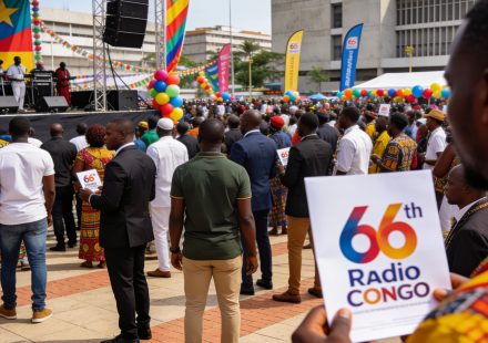 Create an editorial news illustration for an article about 'Radio Congo célèbre ses 66 ans d’existence en grande pompe à Owando'. The specific country is Republique du Congo (Brazzaville) (CG); make visual cues accurate to this exact country and avoi