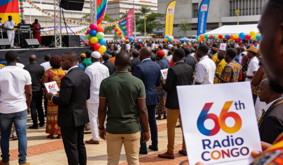 Create an editorial news illustration for an article about 'Radio Congo célèbre ses 66 ans d’existence en grande pompe à Owando'. The specific country is Republique du Congo (Brazzaville) (CG); make visual cues accurate to this exact country and avoi