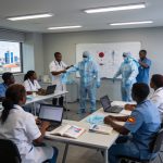 Create an editorial news illustration for an article about 'Riposte contre Ebola : le Congo forme ses agents de santé en prévention des infections'. The specific country is Republique du Congo (Brazzaville) (CG); make visual cues accurate to this exa