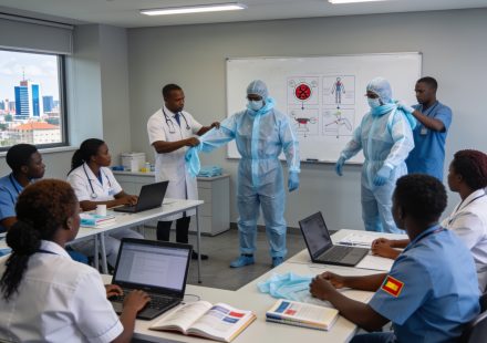 Create an editorial news illustration for an article about 'Riposte contre Ebola : le Congo forme ses agents de santé en prévention des infections'. The specific country is Republique du Congo (Brazzaville) (CG); make visual cues accurate to this exa